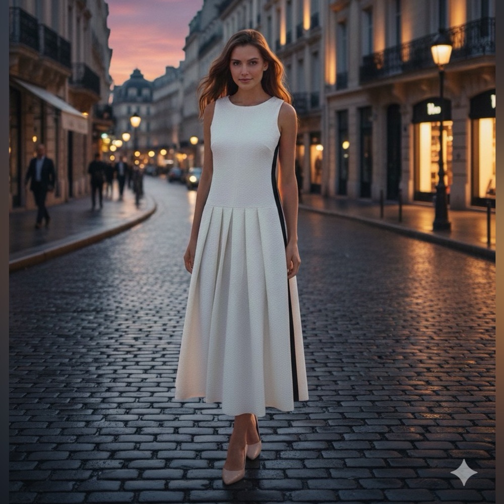 ME+EM White textured Midi Dress with black side panels